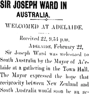 SIR JOSEPH WARD IN AUSTRALIA. (Taranaki Daily News 23-2-1906)