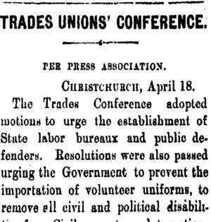 TRADES UNIONS' CONFERENCE. (Taranaki Daily News 19-4-1906)