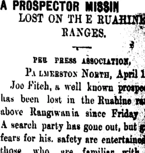 A PROSPECTOR MISSING. (Taranaki Daily News 19-4-1906)