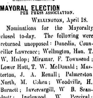MAYORAL ELECTION. (Taranaki Daily News 19-4-1906)