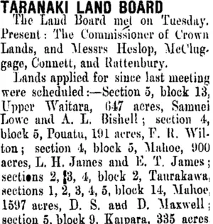 TARANAKI LAND BOARD. (Taranaki Daily News 19-4-1906)
