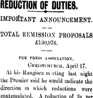 REDUCTION OF DUTIES. (Taranaki Daily News 12-4-1906)