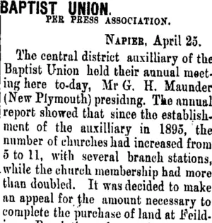 BAPTIST UNION. (Taranaki Daily News 26-4-1906)