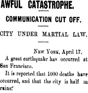 AWFUL CATASTROPHE. (Taranaki Daily News 20-4-1906)