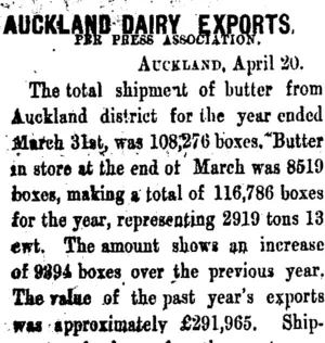 AUCKLAND DAIRY EXPORTS. (Taranaki Daily News 21-4-1906)