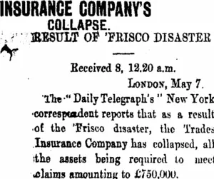 INSURANCE COMPANY'S COLLAPSE. (Taranaki Daily News 8-5-1906)