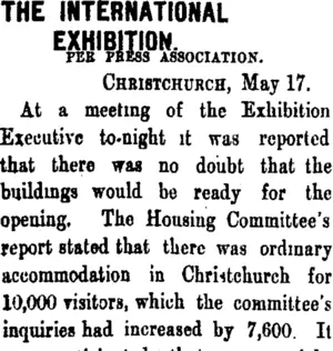 THE INTERNATIONAL EXHIBITION. (Taranaki Daily News 18-5-1906)