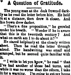 A Question of Gratitude. (Taranaki Daily News 3-8-1906)