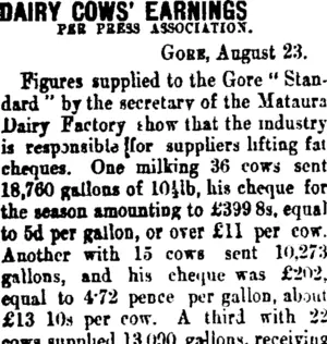 DAIRY COWS' EARNINGS. (Taranaki Daily News 24-8-1906)