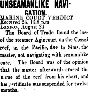 UNSEAMANLIKE NAVl- GATION. (Taranaki Daily News 25-8-1906)