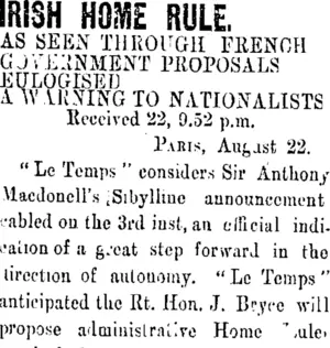 IRISH HOME RULE. (Taranaki Daily News 23-8-1906)