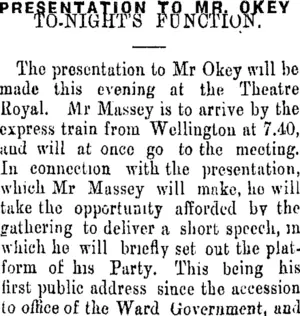 PRESENTATION TO MR. OKEY. (Taranaki Daily News 17-9-1906)