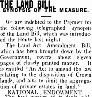 THE LAND BILL. (Taranaki Daily News 12-9-1906)