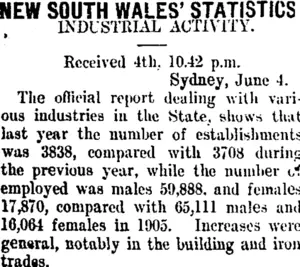 NEW SOUTH WALES' STATISTICS (Taranaki Daily News 5-6-1907)