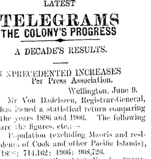 LATEST TELEGRAMS (Taranaki Daily News 10-6-1907)