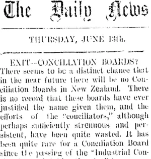 The Daily News THURSDAY, JUNE 13th. EXIT-CONCILIATION BOARDS? (Taranaki Daily News 13-6-1907)