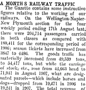 A MONTHS RAILWAY TRAFFIC. (Taranaki Daily News 24-9-1907)