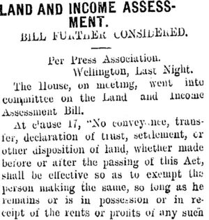 LAND AND INCOME ASSESSMENT. (Taranaki Daily News 28-9-1907)