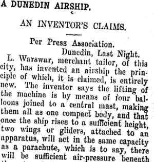 A DUNEDIN AIRSHIP. (Taranaki Daily News 12-10-1907)