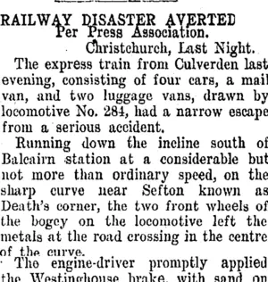RAILWAY DISASTER AVERTED. (Taranaki Daily News 12-10-1907)