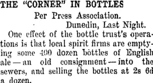 THE "CORNER" IN BOTTLES. (Taranaki Daily News 12-10-1907)