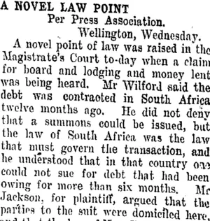 A NOVEL LAW POINT. (Taranaki Daily News 24-10-1907)