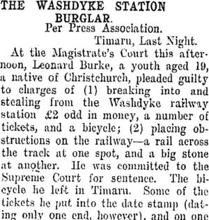 THE WASHDYKE STATION BURGLAR. (Taranaki Daily News 25-10-1907)