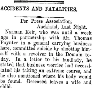ACCIDENTS AND FATALITIES. (Taranaki Daily News 25-10-1907)