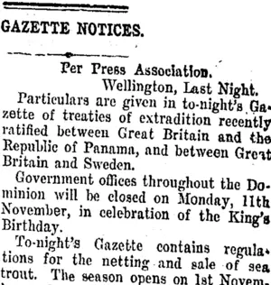 GAZETTE NOTICES. (Taranaki Daily News 25-10-1907)