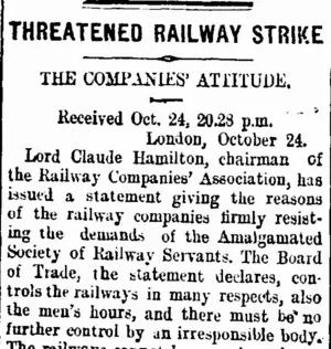 THREATENED RAILWAY STRIKE (Taranaki Daily News 25-10-1907)