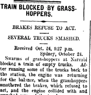 TRAIN BLOCKED BY GRASSHOPPERS. (Taranaki Daily News 25-10-1907)