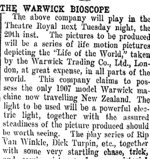 THE WARWICK BIOSCOPE. (Taranaki Daily News 25-10-1907)