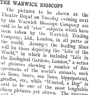 THE WARWICK BIOSCOPE. (Taranaki Daily News 26-10-1907)