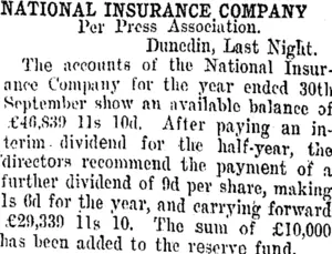 NATIONAL INSURANCE COMPANY (Taranaki Daily News 26-10-1907)