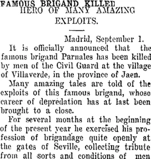 FAMOUS BRIGAND KILLED. (Taranaki Daily News 26-10-1907)