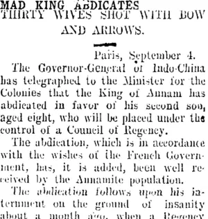MAD KING ABDICATES (Taranaki Daily News 26-10-1907)