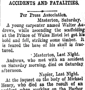 ACCIDENTS AND FATALITIES. (Taranaki Daily News 21-10-1907)