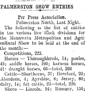 PALMERSTON SHOW ENTRIES (Taranaki Daily News 21-10-1907)