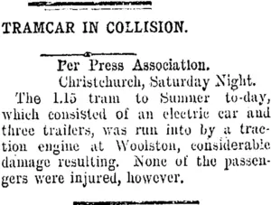 TRAMCAR IN COLLISION. (Taranaki Daily News 21-10-1907)