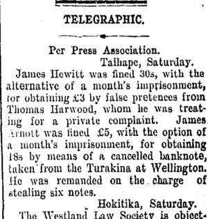 TELEGRAPHIC. (Taranaki Daily News 21-10-1907)