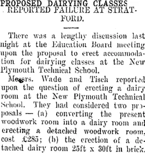 PROPOSED DAIRYING CLASSES. (Taranaki Daily News 23-10-1907)