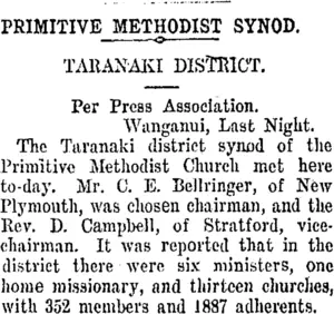 PRIMITIVE METHODIST SYNOD. (Taranaki Daily News 23-10-1907)
