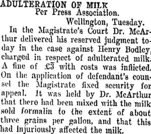 ADULTERATION OF MILK. (Taranaki Daily News 23-10-1907)