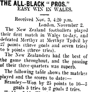 THE ALL-BLACK "PROS." (Taranaki Daily News 4-11-1907)