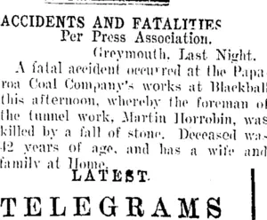 ACCIDENTS AND FATALITIES (Taranaki Daily News 8-11-1907)