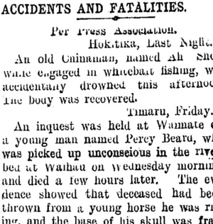 ACCIDENTS AND FATALITIES. (Taranaki Daily News 9-11-1907)