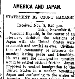 AMERICA AND JAPAN. (Taranaki Daily News 9-11-1907)