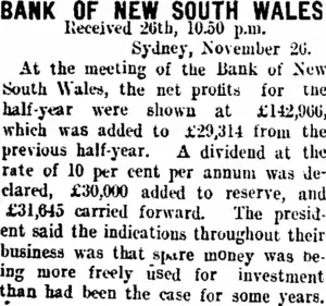 BANK OF NEW SOUTH WALES (Taranaki Daily News 27-11-1907)