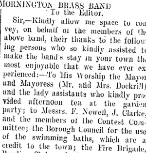 MORNINGTON BRASS BAND. (Taranaki Daily News 6-3-1908)