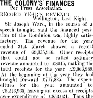 THE COLONY'S FINANCES. (Taranaki Daily News 28-4-1908)
